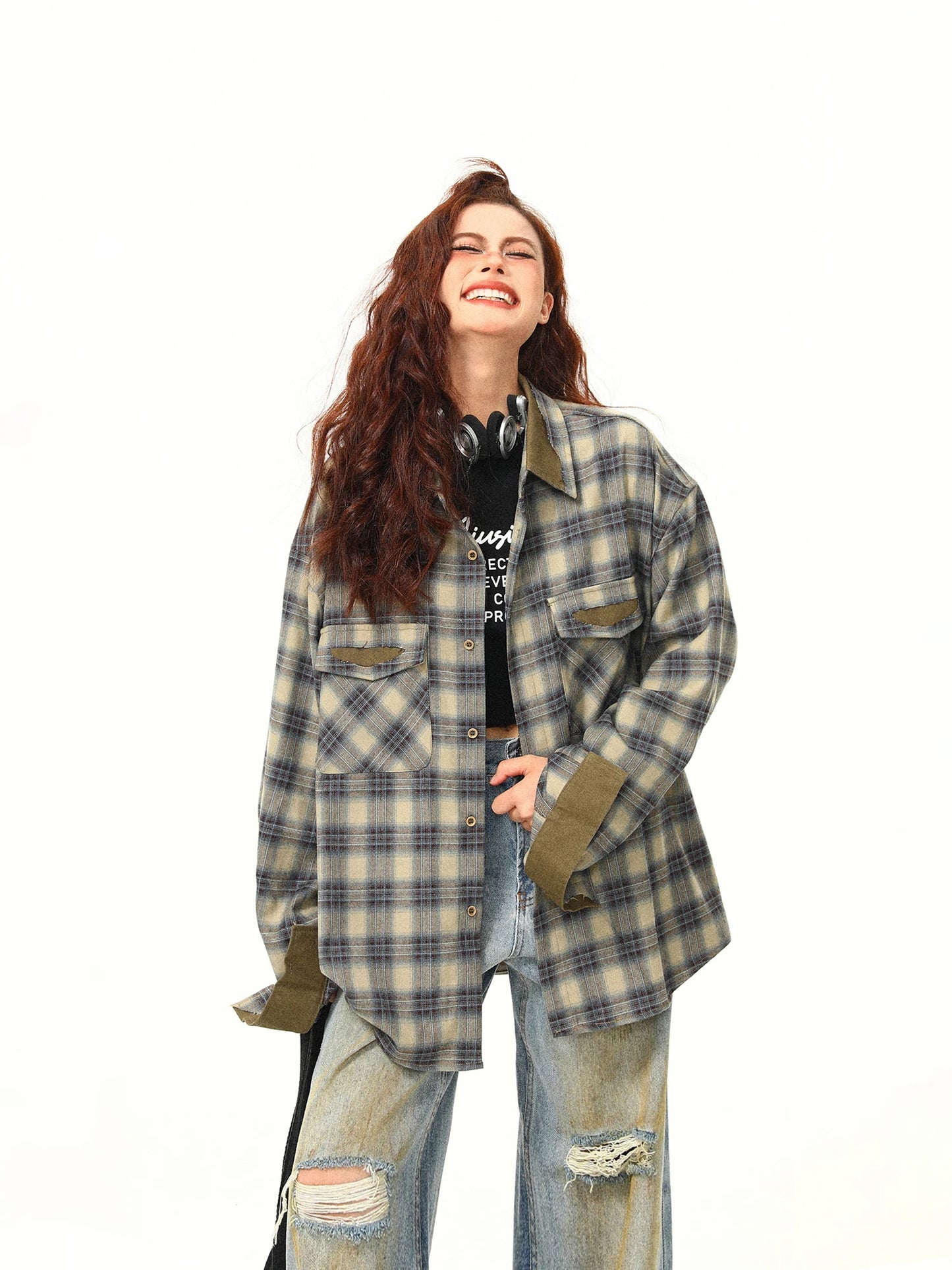 Contrasting Color Plaid Jacket Spring/Autumn Shirt