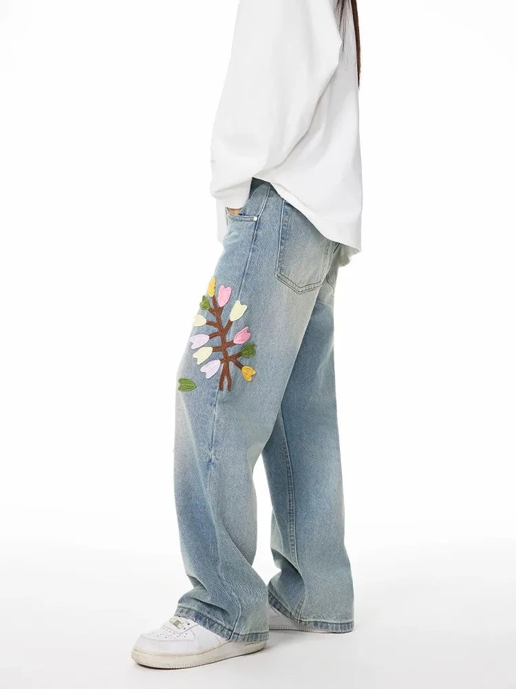 Blue Vintage Floral Embroidery High Jeans