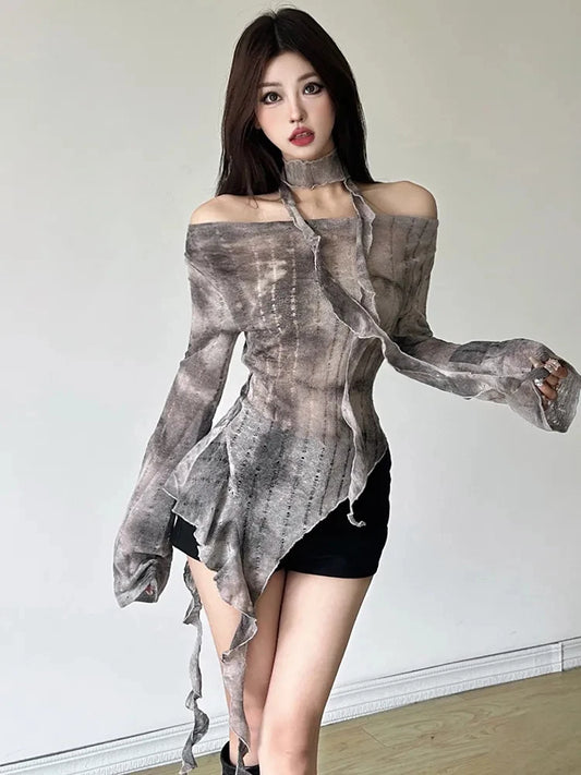 Gothic Lace-Up Slim Off-Shoulder T-Shirt