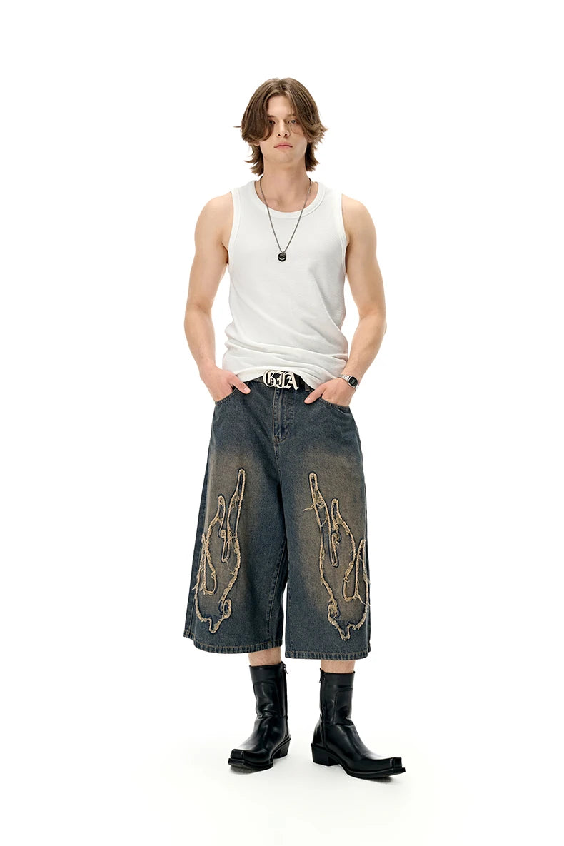 Vintage Patchwork Washed Denim Shorts