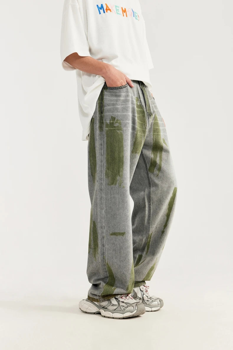 Hand-Painted Wide Leg Denim Trousers Jeans