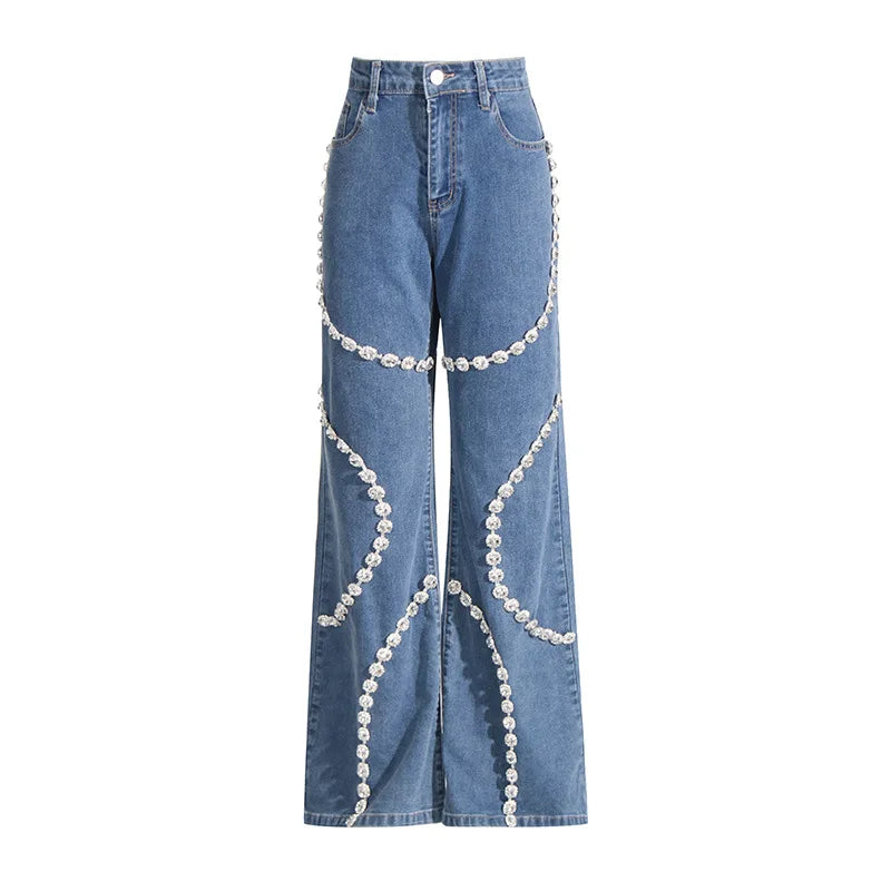 Elegant Rhinestone High Waist Loose Jeans