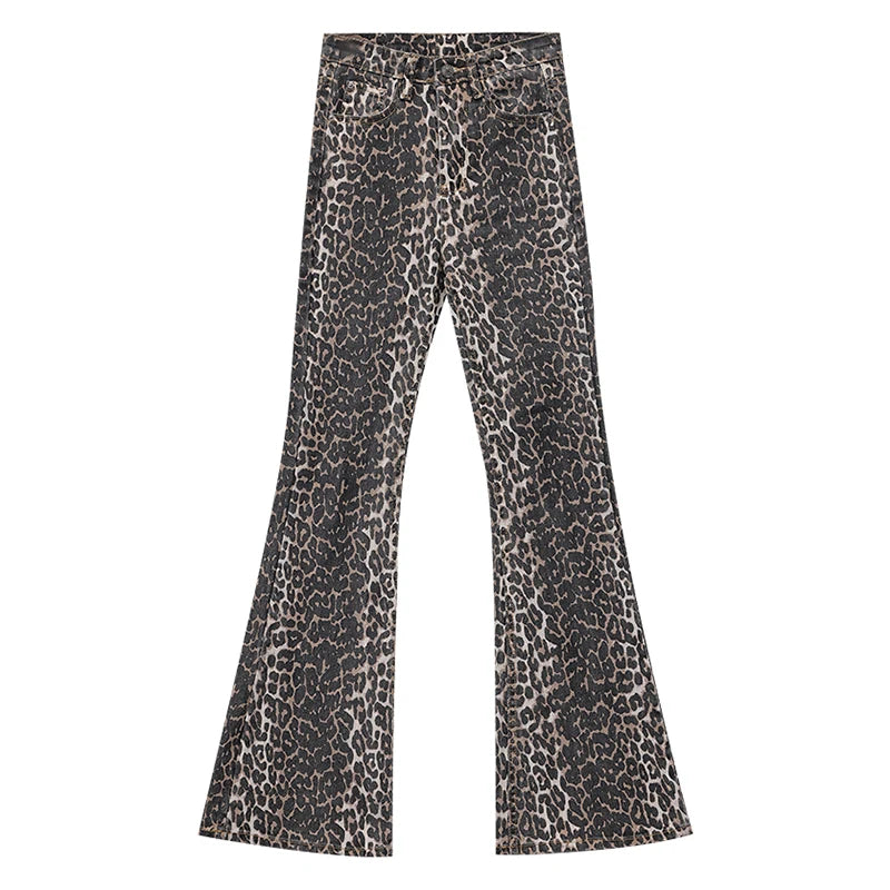Leopard Print Flared Jeans Women Jeans
