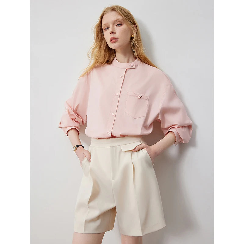 Elegant Mandarin Collar Button-Up Blouse Shirt