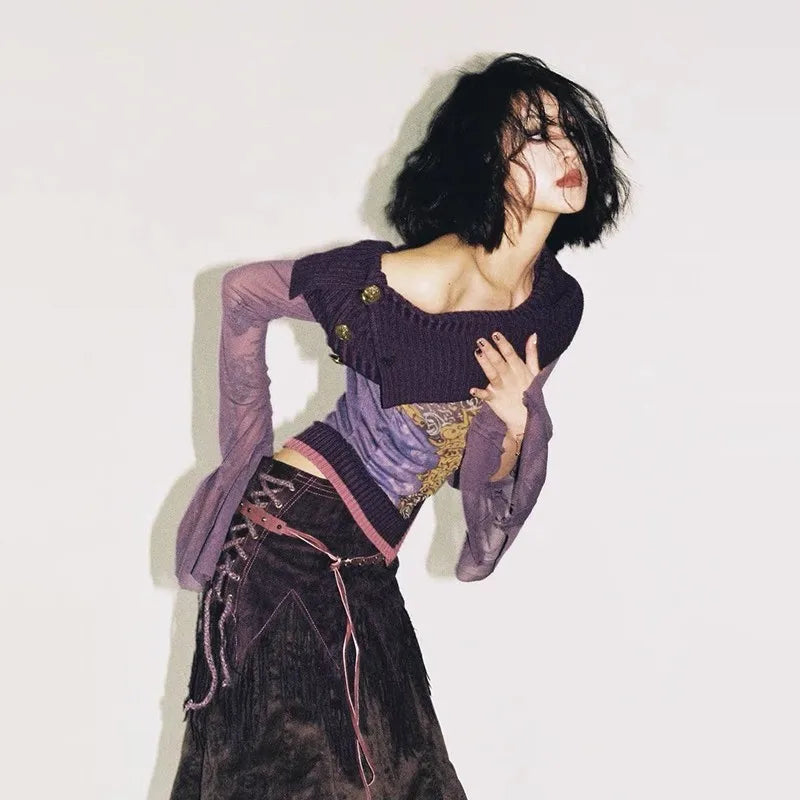 Vintage Y2K Off-Shoulder Knitted Mesh T-Shirt