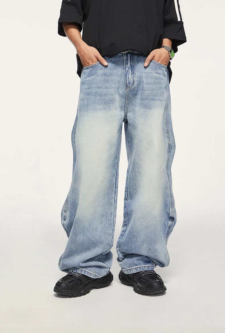 Vintage Washed Blue Denim Wide-Leg Jeans