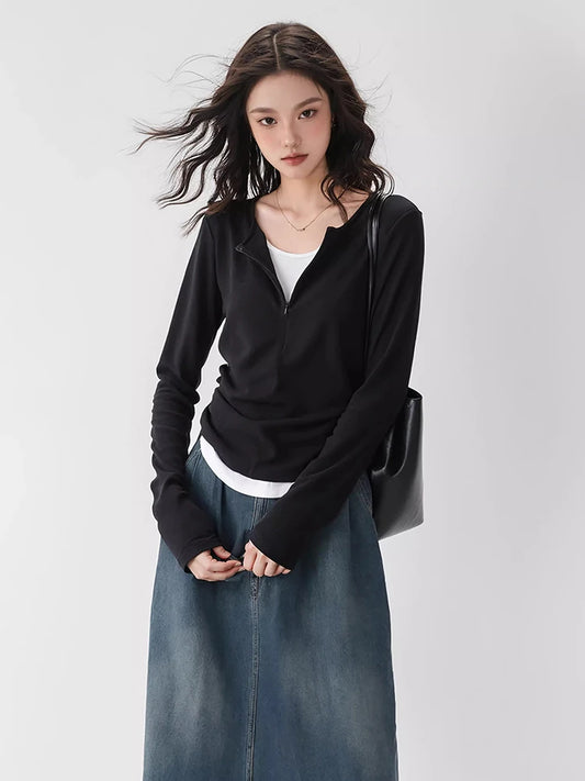 Stylish Korean Patchwork Long Sleeve T-Shirt