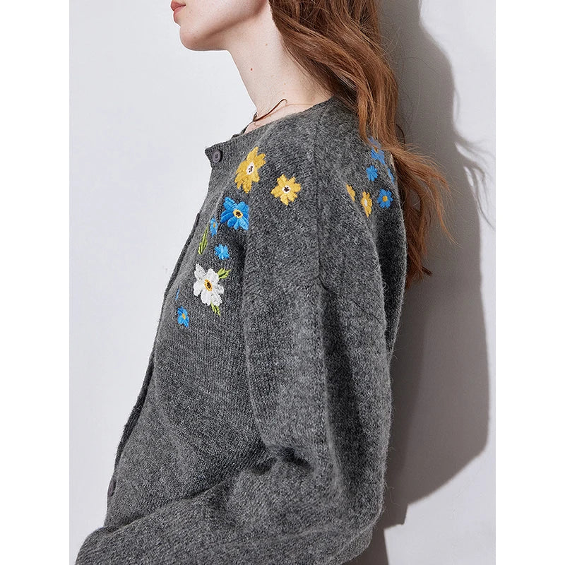 Floral Embroidered Round Neck Knit Cardigan