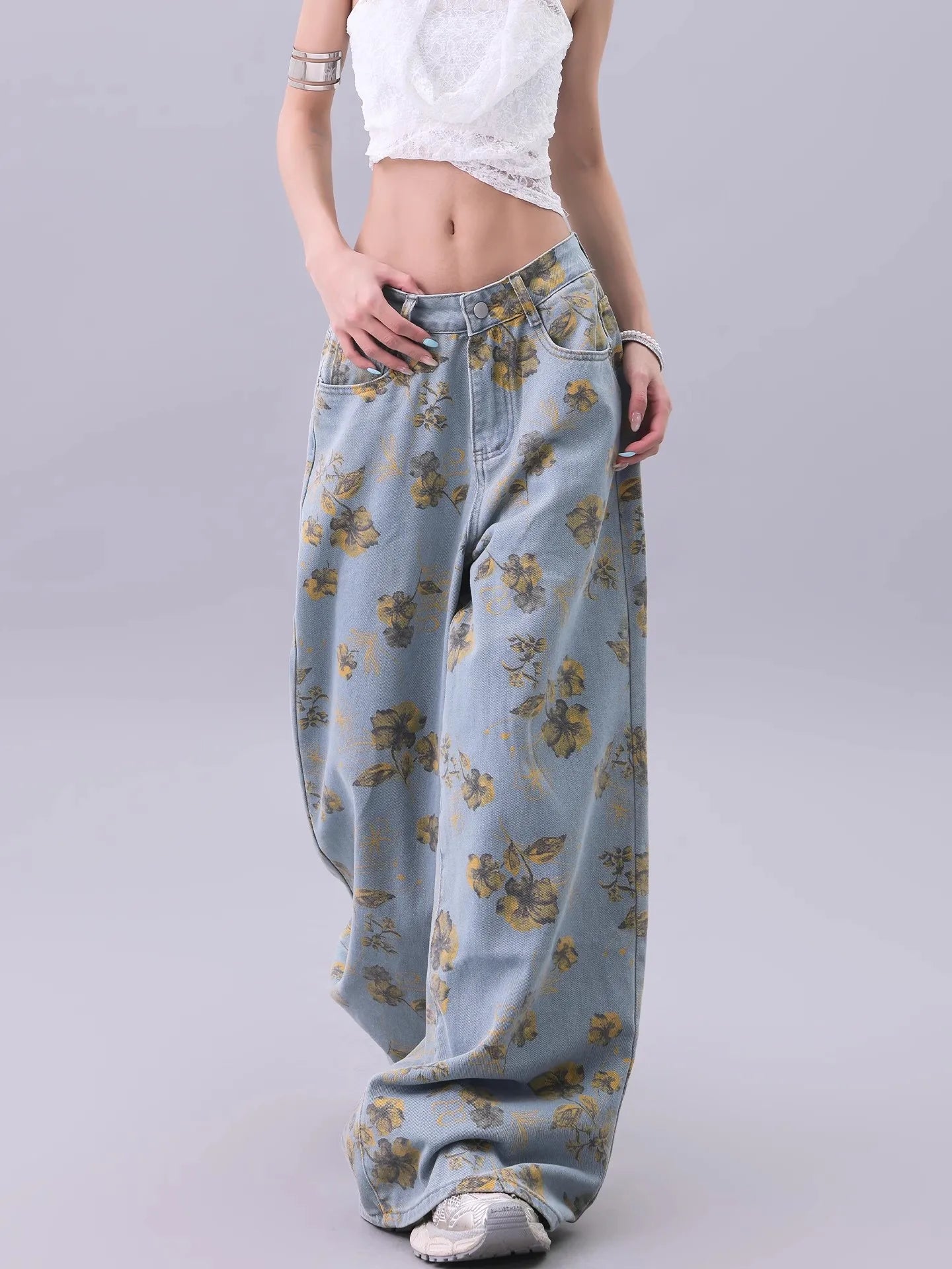 Blue Vintage Floral Print High Jeans