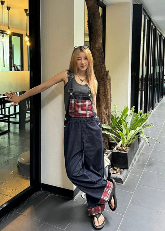 Blue Vintage Suspender Baggy Wide-Leg Jeans