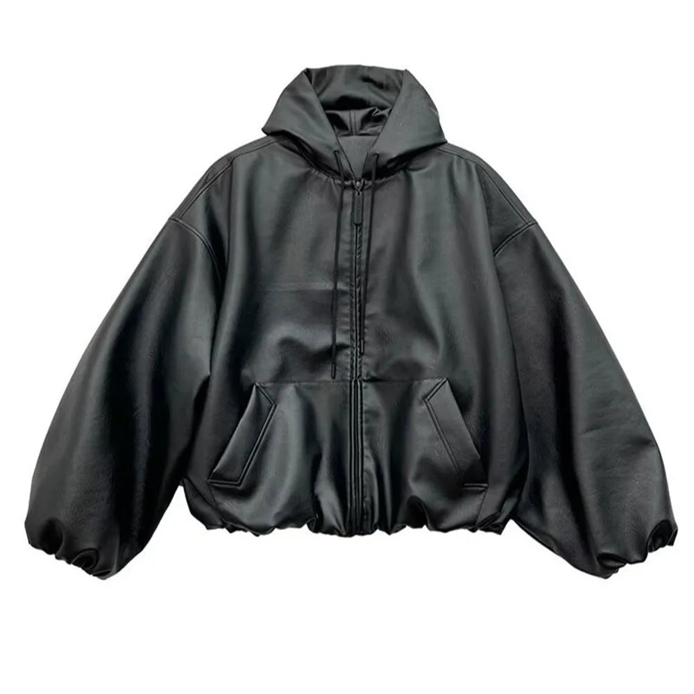 Sleek Black PU Leather Windbreaker Jacket