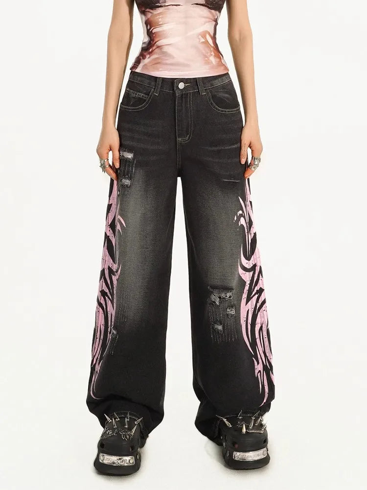 Mottled Totem Print Baggy High Jeans