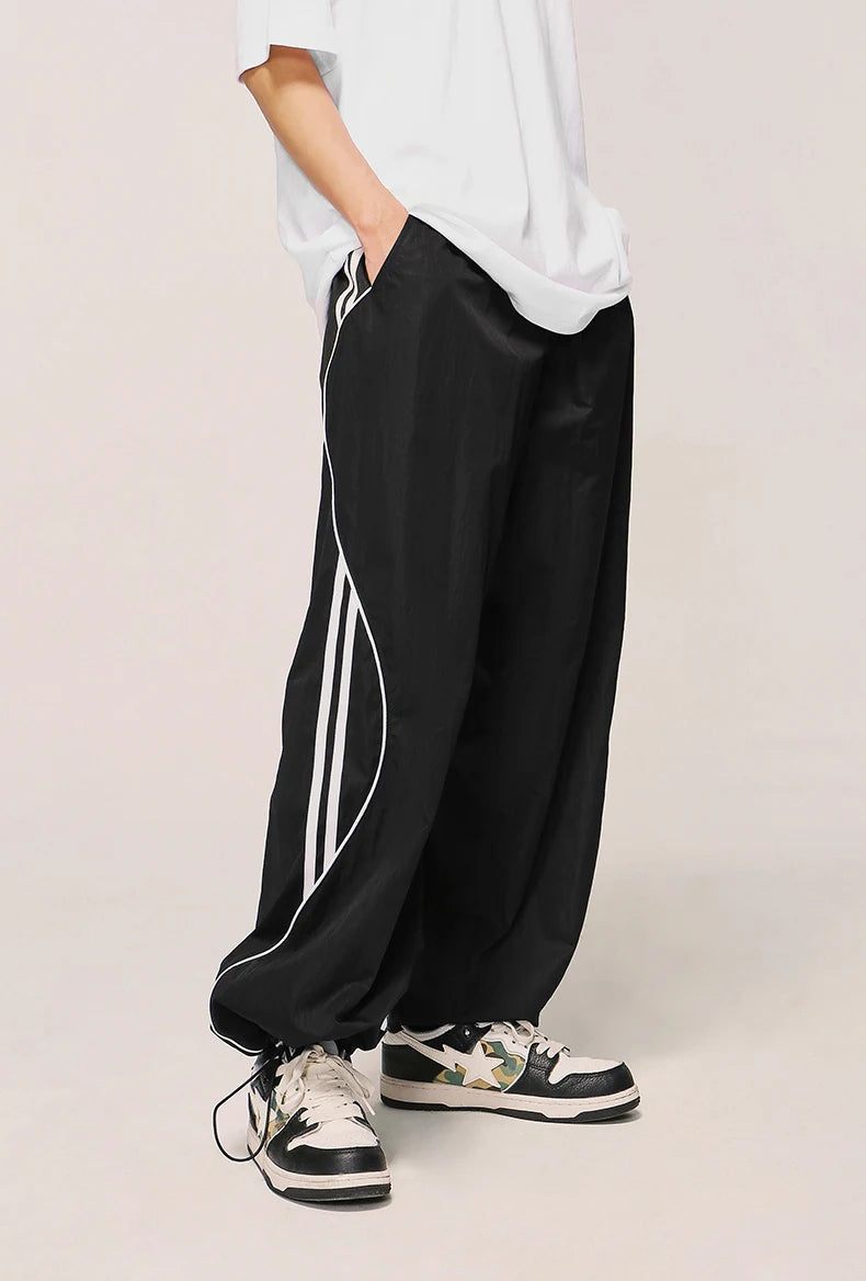 Black Striped Wide Leg Drawstring Pants