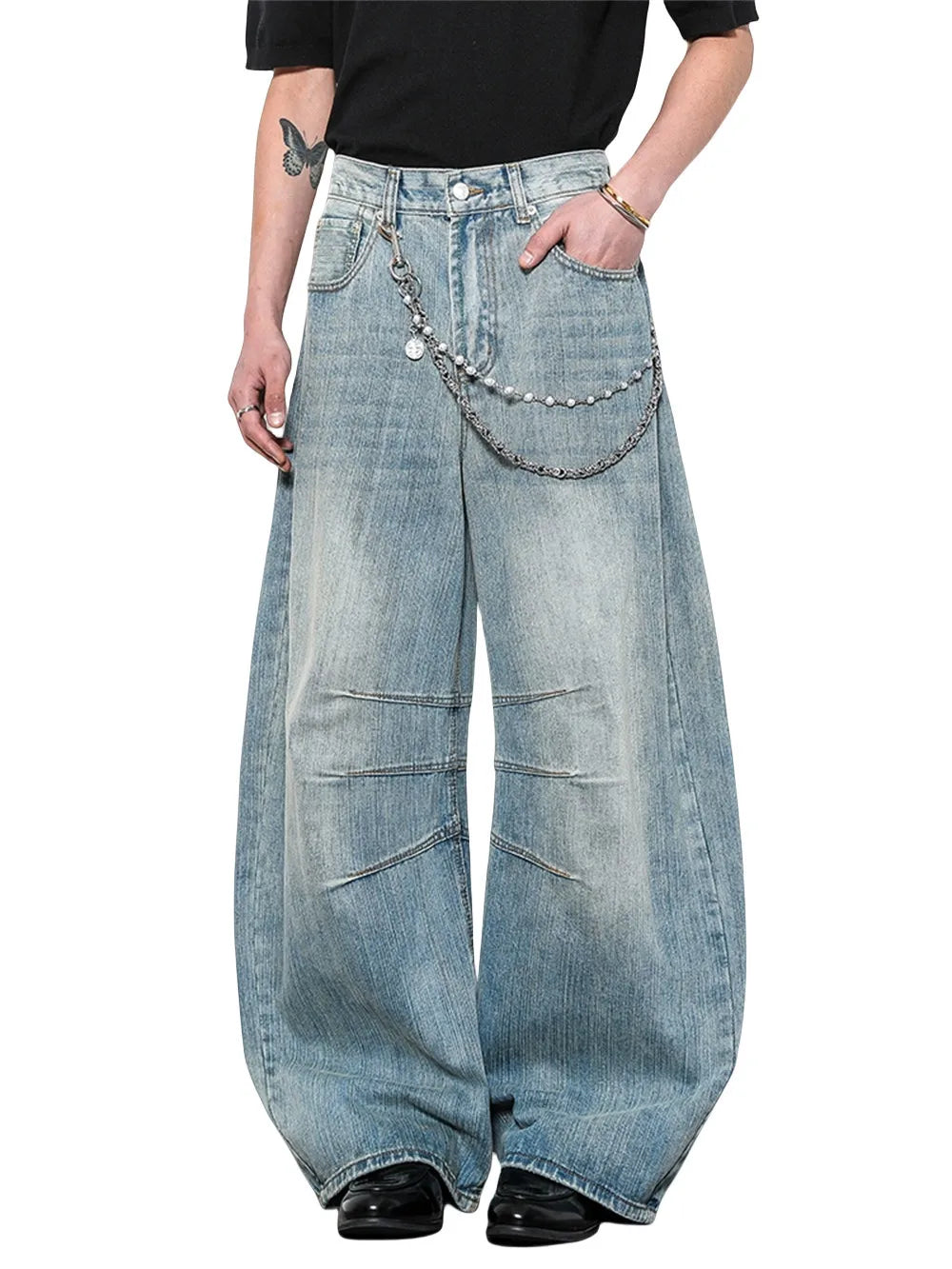 Vintage Spliced Distressed Loose Wide Jeans