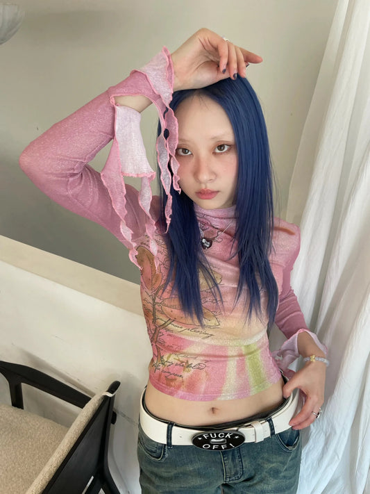 Vintage Aesthetic Pink Mesh Crop T-Shirt
