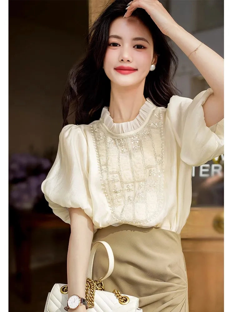 Chic Crochet Patchwork Lantern Sleeve Shirt