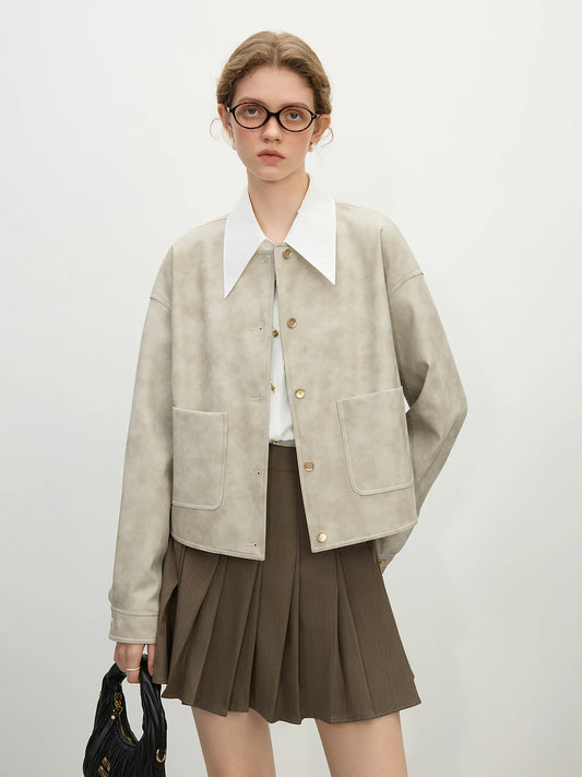 Spring Grey PU Leather Short Coat