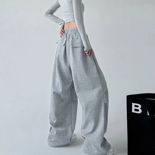 Gray Wide Leg Drawstring Pants