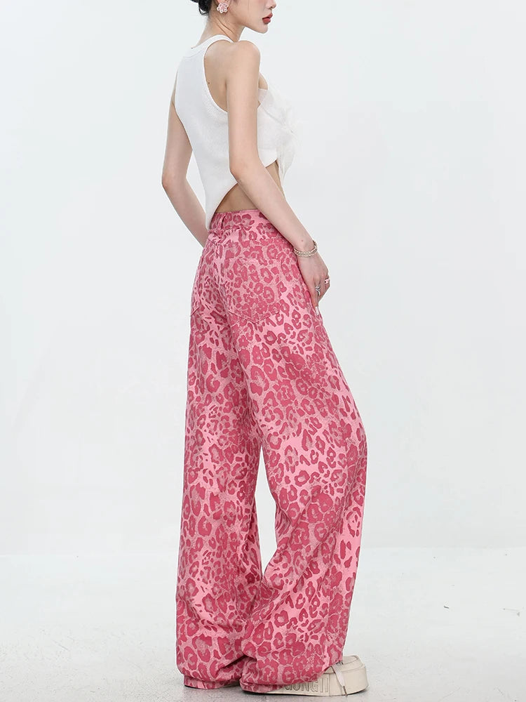 Leopard Print Baggy Wide Leg Jeans