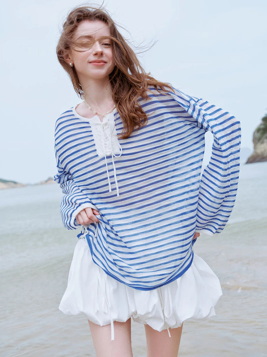 Elegant French Holiday Striped Long-Sleeved T-Shirt