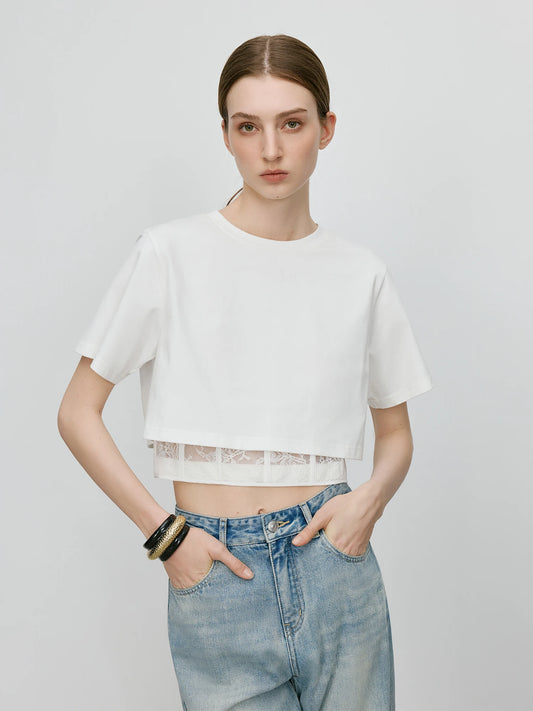Lace Spliced Premium Waist Cropped T-Shirt