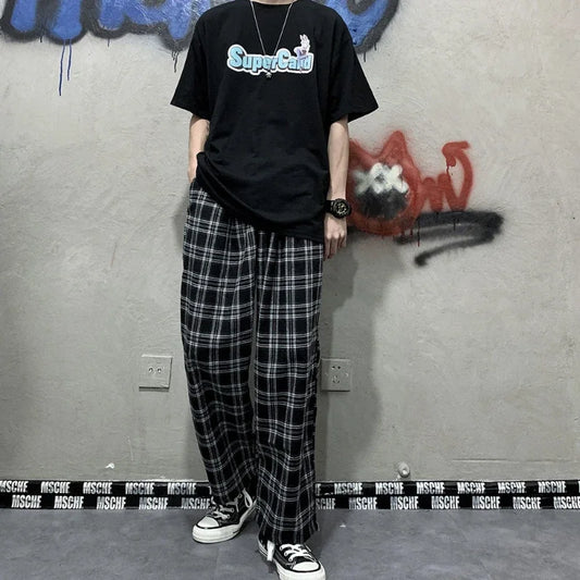 Summer Korean Style Plaid Wide-Leg Pants