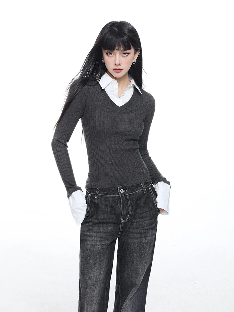 Contrast Color Lapel Sweater Knitted