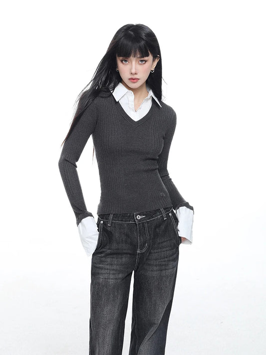 Contrast Color Lapel Sweater Knitted