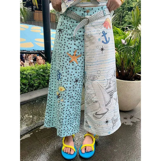 Blue Baggy Parachute Calf-Length Wide Pants