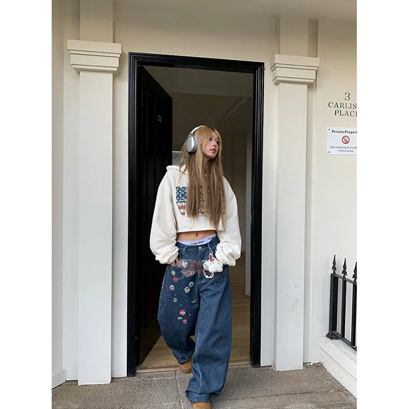 New Retro Vibe Graffiti Print Jeans
