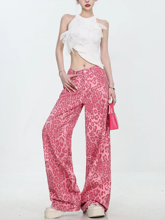 Leopard Print Baggy Wide Leg Jeans