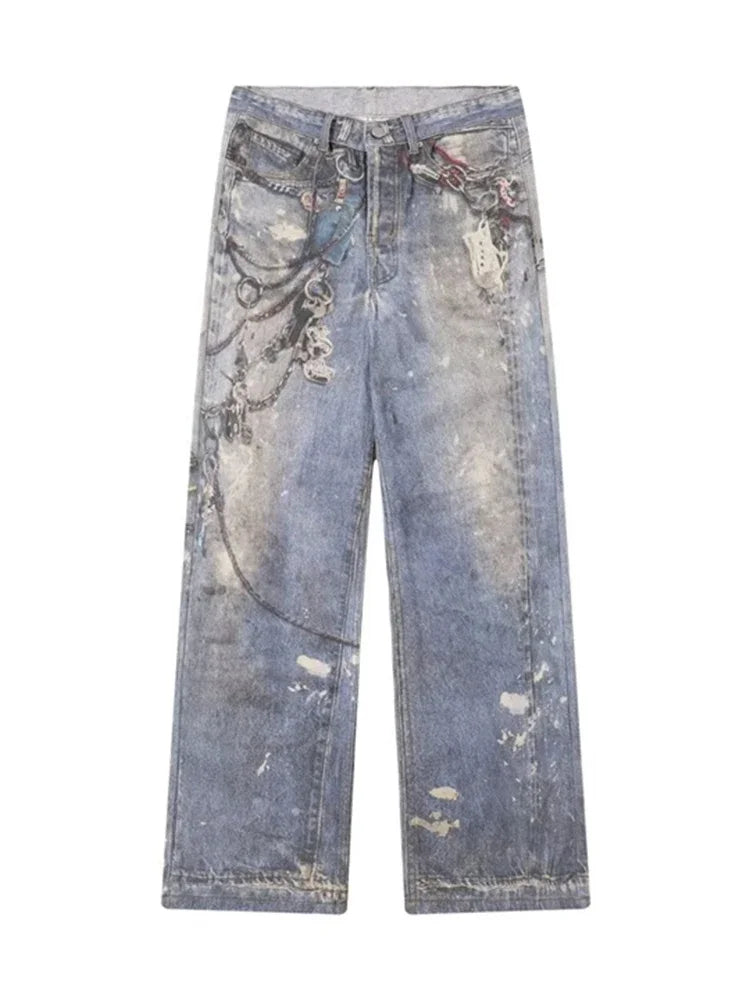 3D Printed Baggy Straight Leg Jeans
