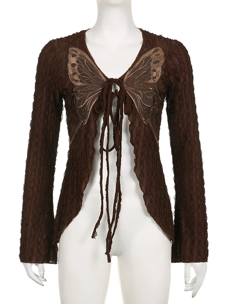 Brown Lace Butterfly Patchwork Cardigan T-Shirt