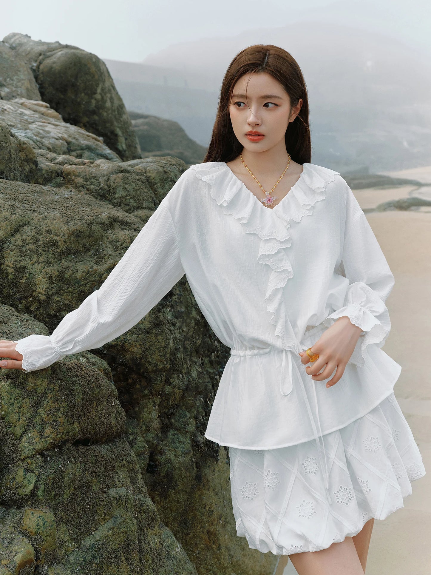 Elegant Ruffle Sleeve Blouse with Botanical