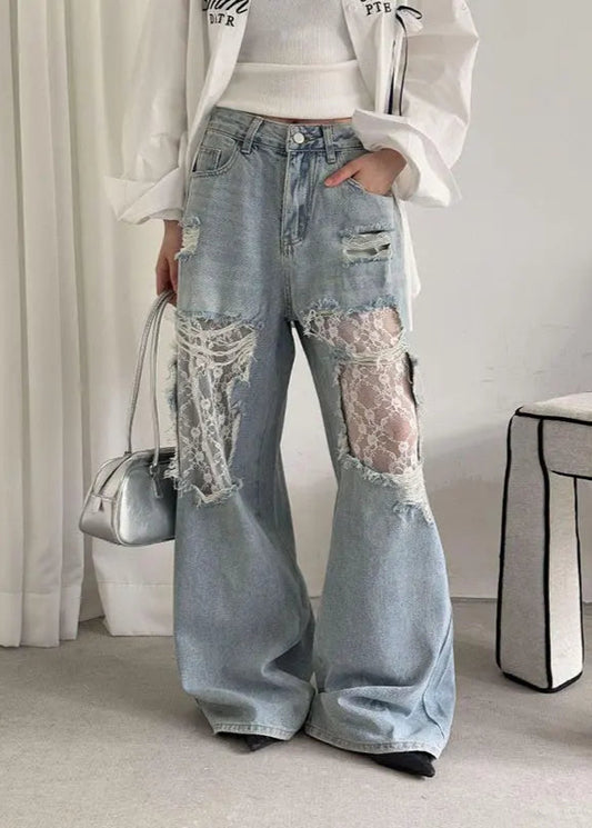 Vintage Blue Ripped Hip Hop Jeans
