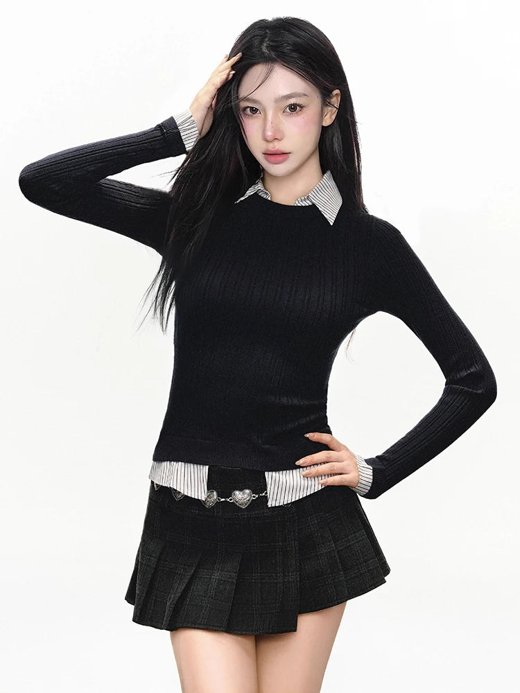 Contrast Color Knitted Sweater Shirt