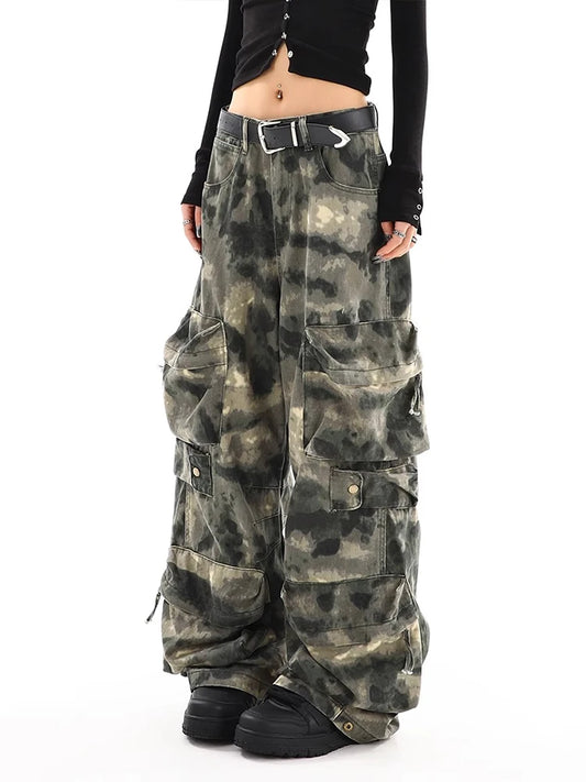 Vintage Camouflage Overalls Wide Leg Pants