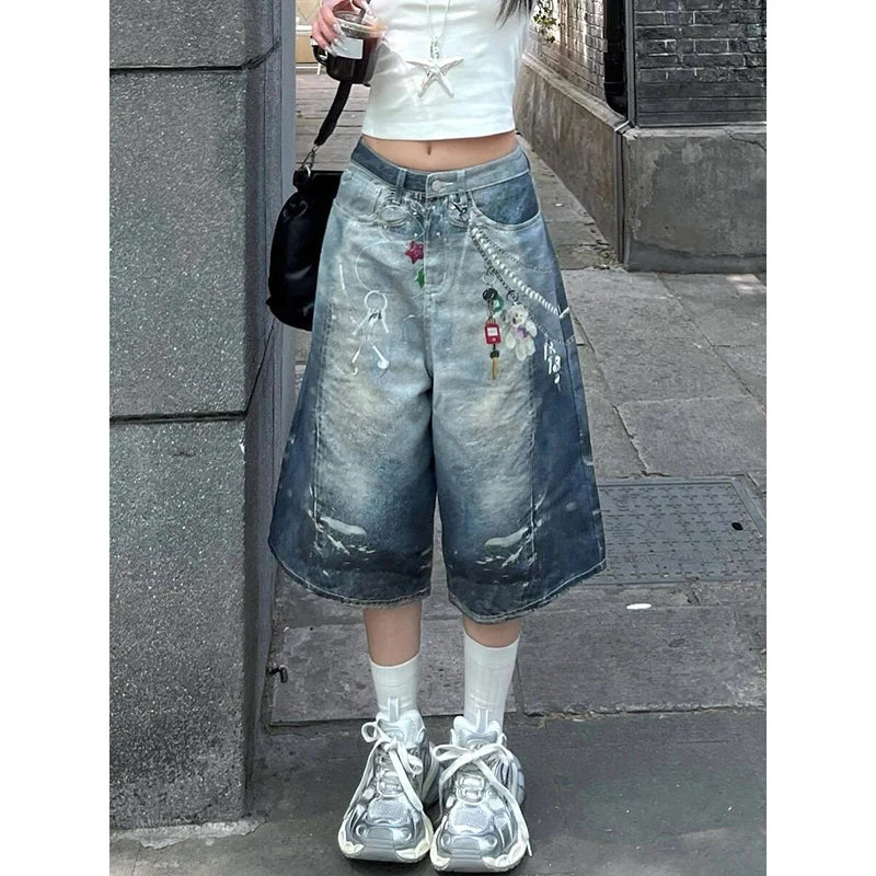 Blue Vintage Star Print Baggy Shorts