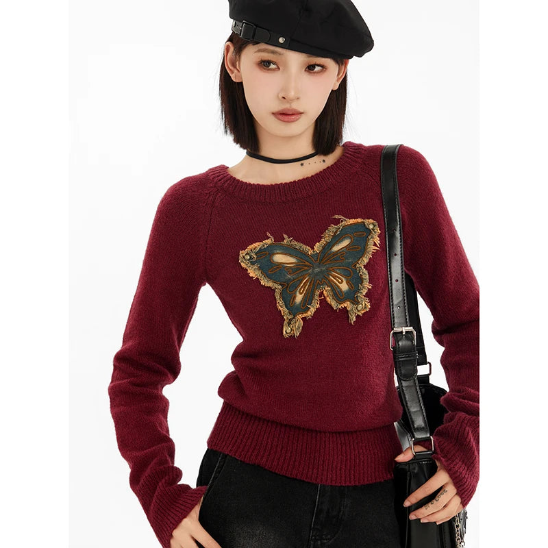 Vintage Butterfly Knitted Sweater O-Neck Pullover