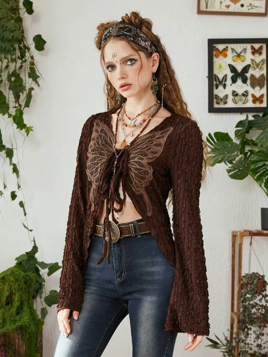 Brown Lace Butterfly Patchwork Cardigan T-Shirt