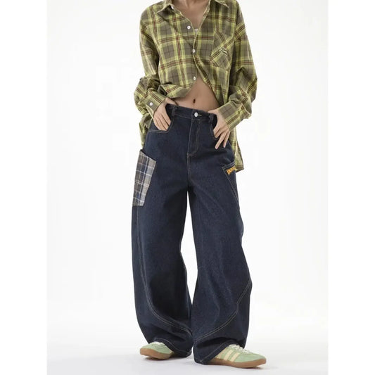 Retro Plaid Cargo Wide Leg Jeans