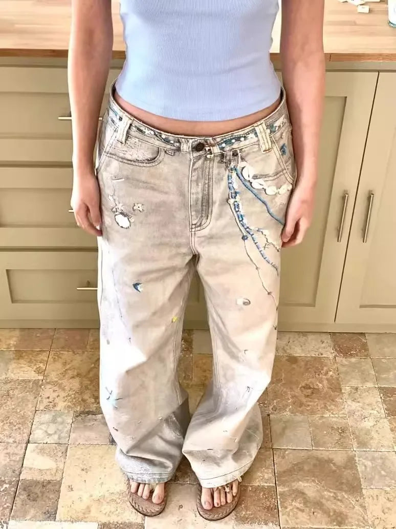 Retro Print Baggy Wide Leg Jeans