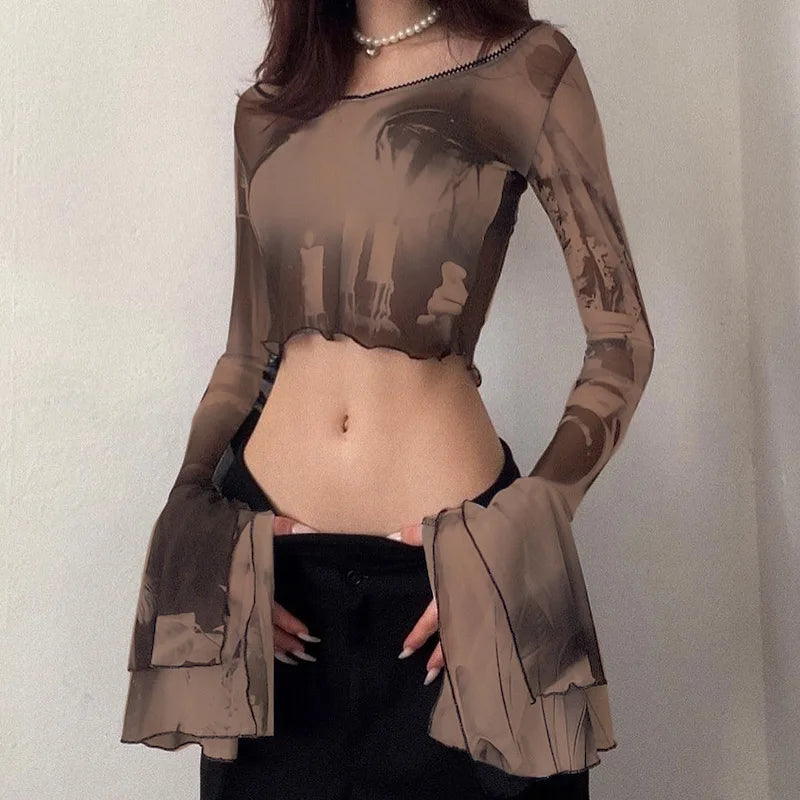 Gothic Aesthetic Mesh Flare Sleeve T-Shirt