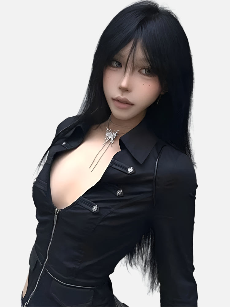 Sexy Double Zipper Grunge Cropped Shirt