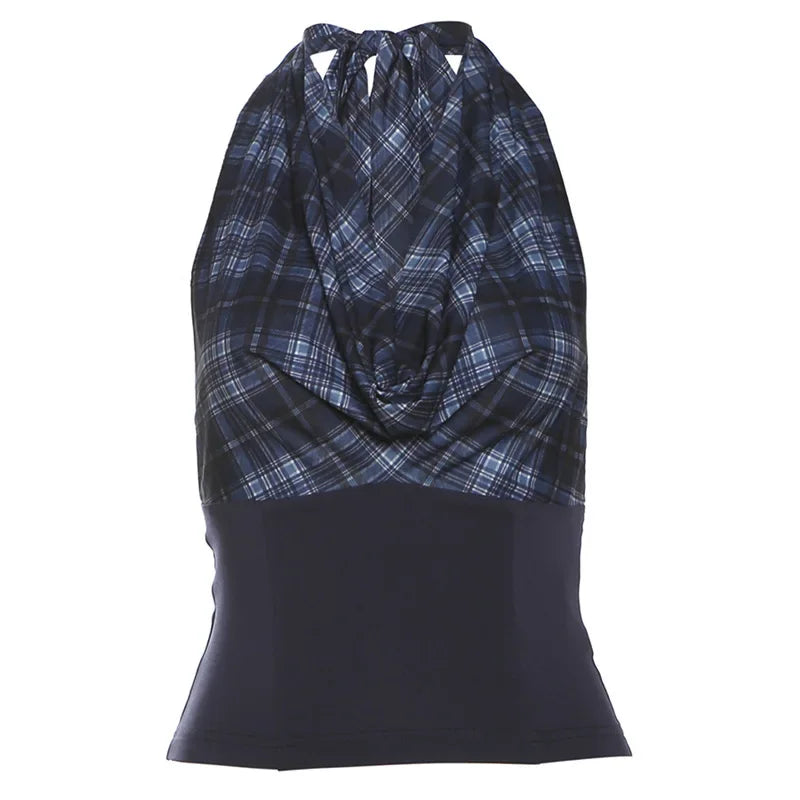 Plaid Patchwork Y2K Aesthetic Halter Tank