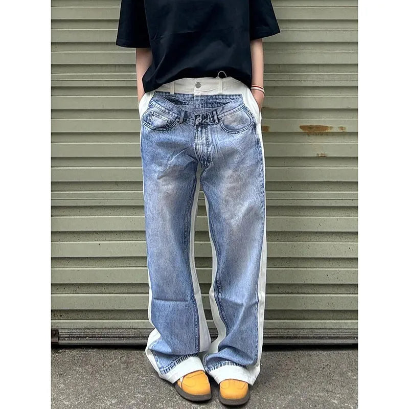 High Waist Wide Leg Patchwork Jeans