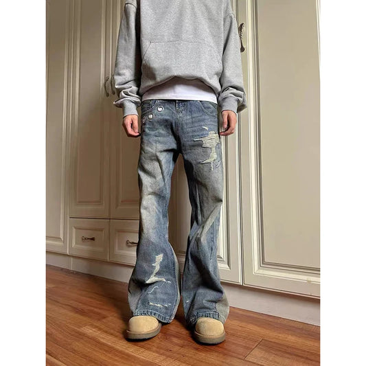 Ripped Denim Wide Leg Pants Jeans