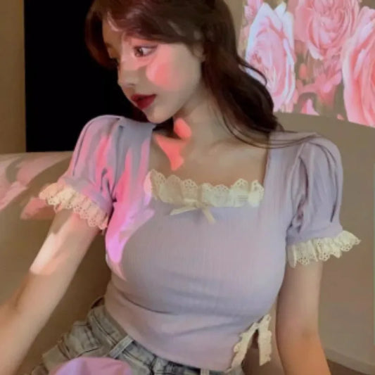 Spicy Girl Square Neck Lace Shirt