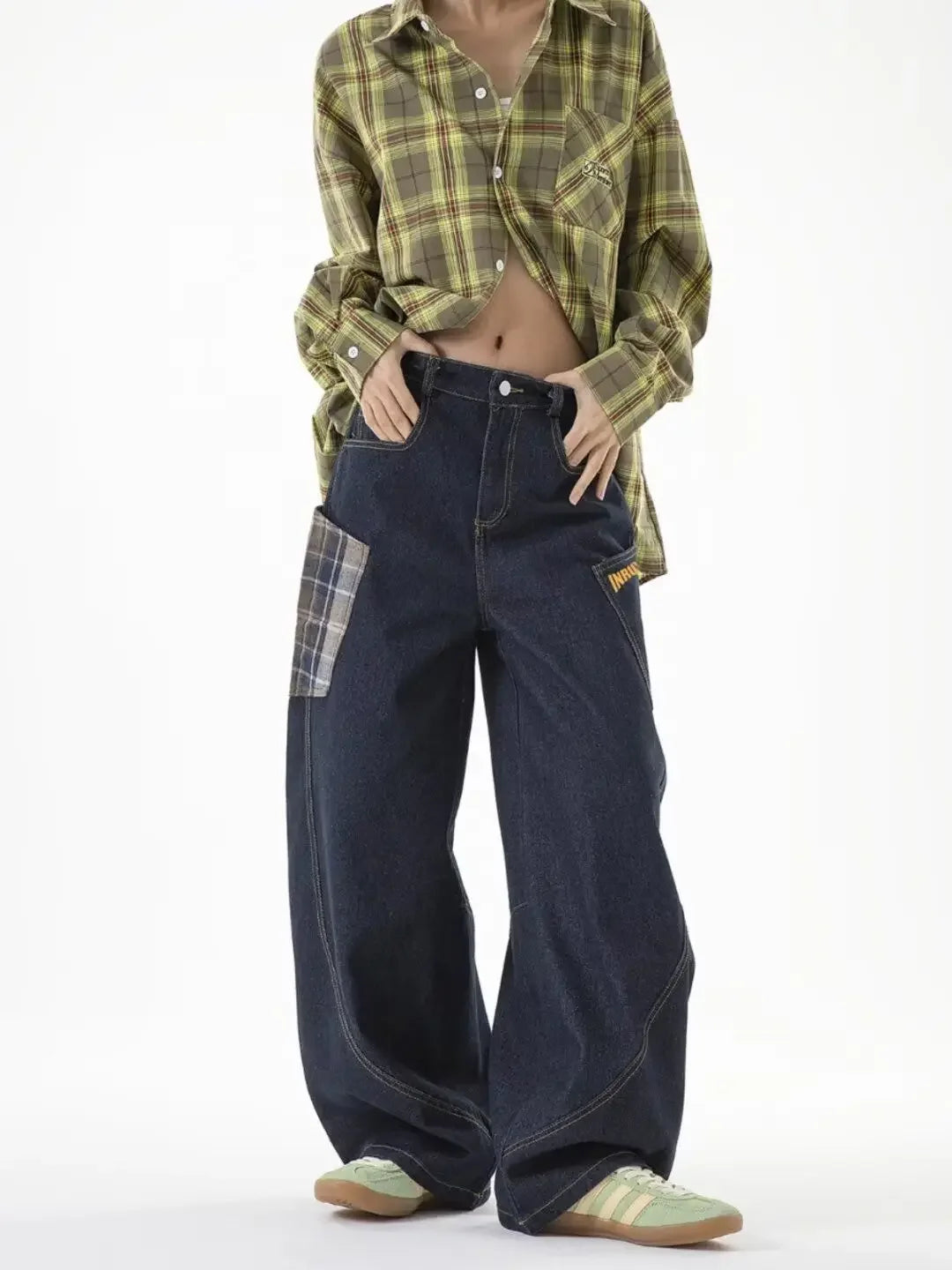 Retro Plaid Cargo Wide Leg Jeans