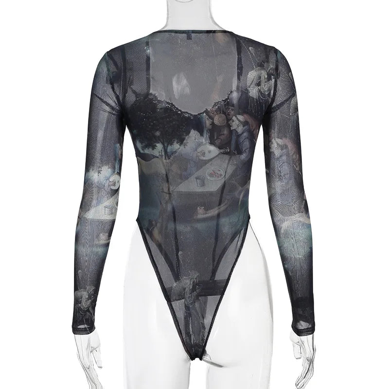 Dark Retro Mesh Long Sleeve Bodysuit